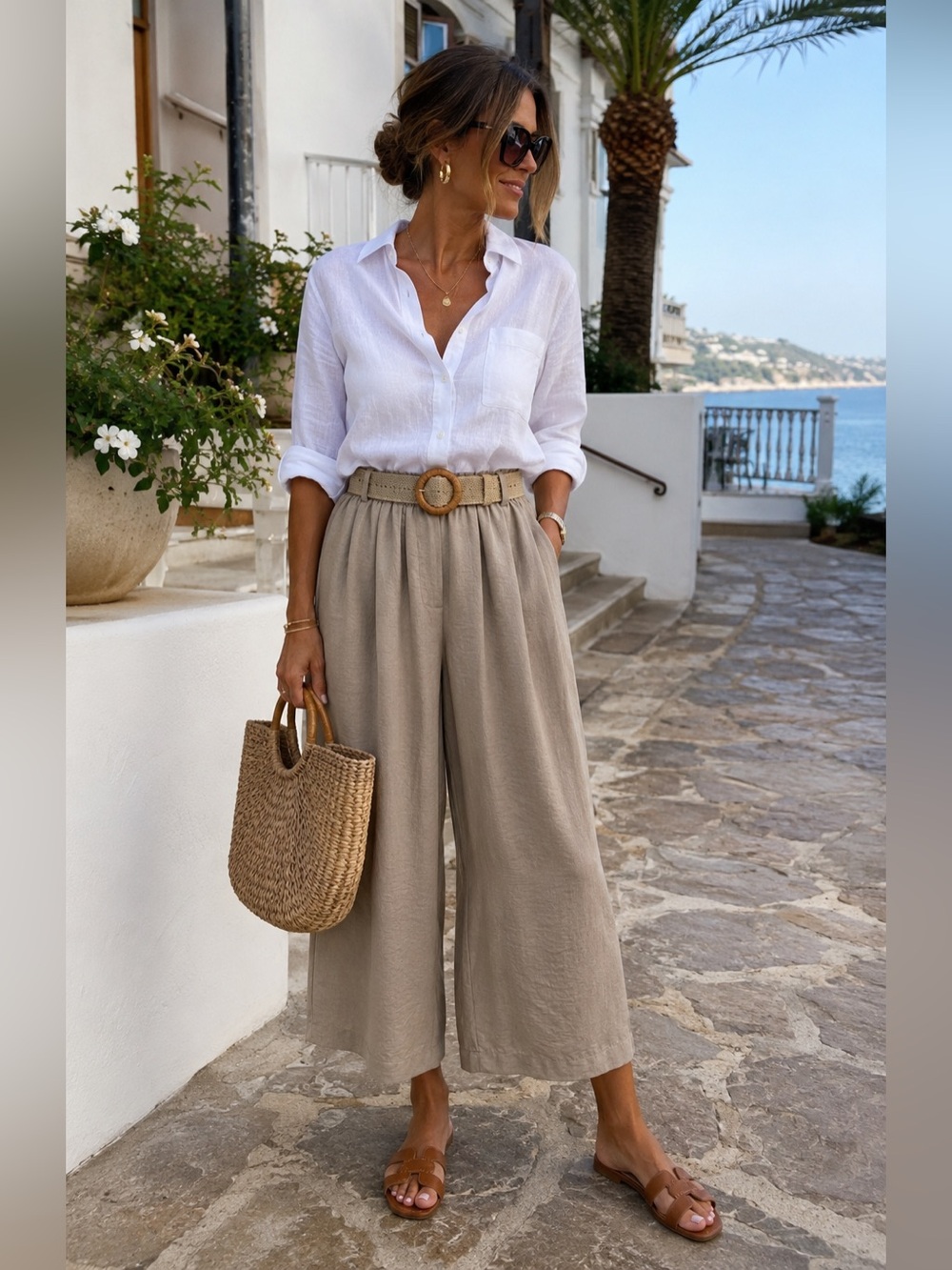 Taupe Wide Leg Culotte Pants S Raffia Belt Resort Coastal grandmother vacation